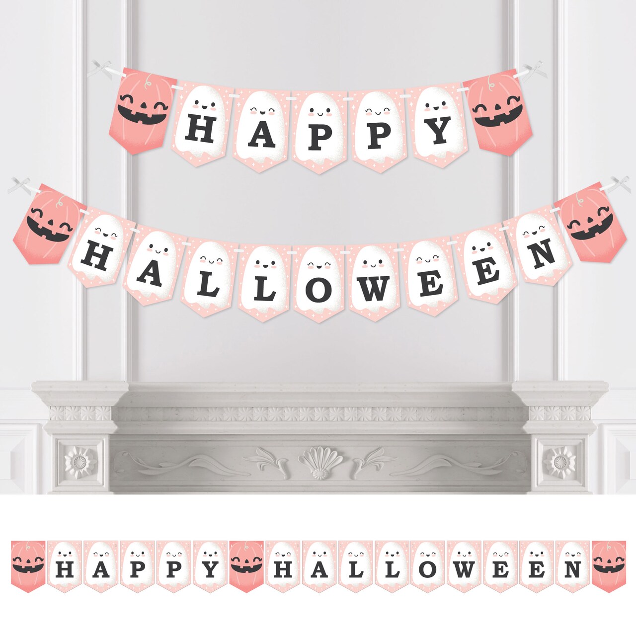 Big Dot of Happiness Pastel Halloween - Pink Pumpkin Party Bunting Banner - Party Decorations - Happy Halloween